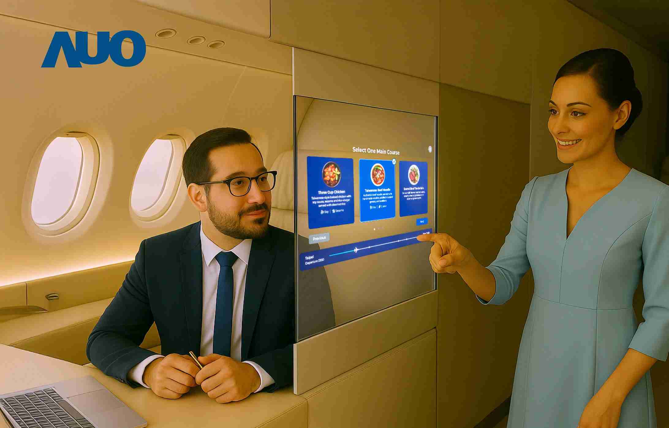 OBPay研发全球最薄17.3 吋双面透明 Micro LED 显示器，，，可在同一屏幕之双边投射不同信息，，，，创造独特的”透明化”互动；图为实时翻译交流应用情境